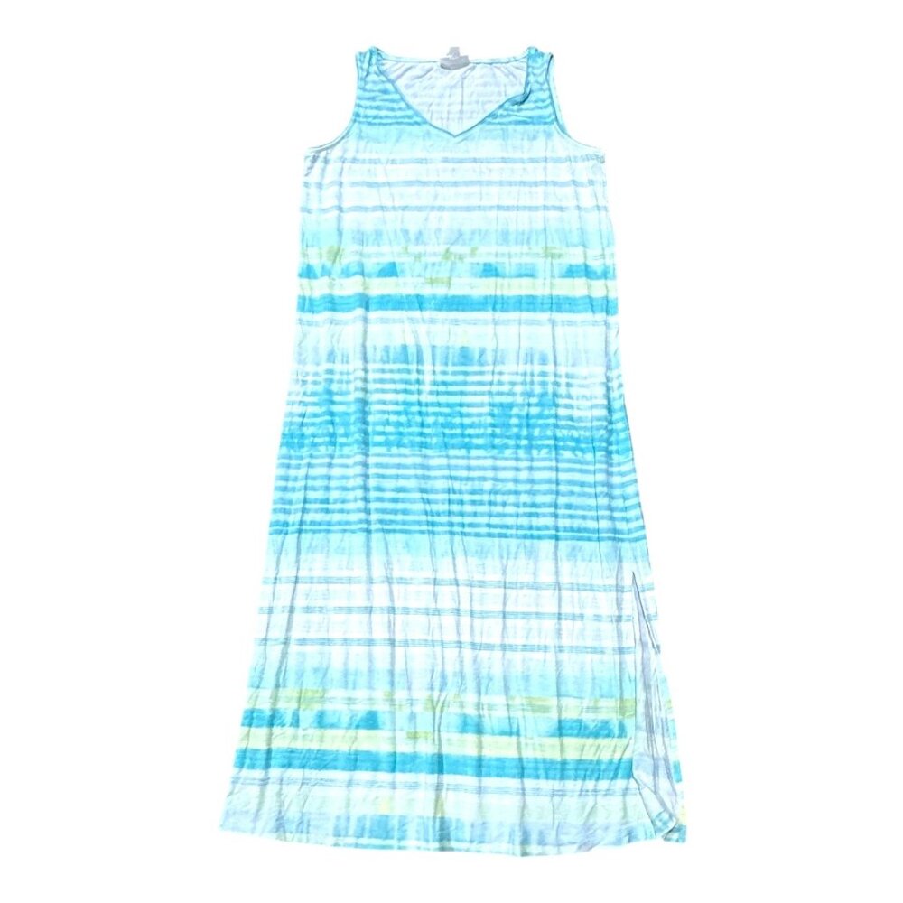 J Jill Petite S Sleeveless Striped Maxi Dress Blue White Summer Beach Cruise SEE